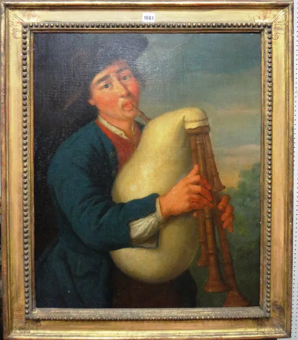 English Provincial School (late 18th/early 19th century), A man playing the bagpipes, oil on canvas, 72cm x 58cm.