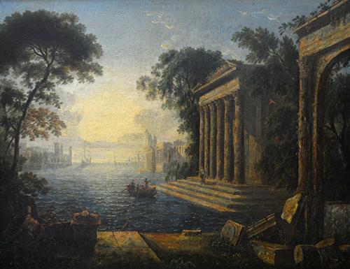 After Vernet, Harbour scene with boat rowing to a temple, oil on canvas, 70cm x 90cm.  Illustrated