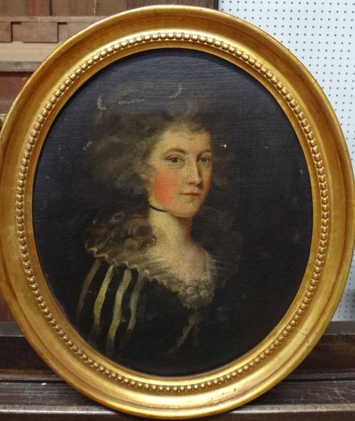 English school (Late 18th/early 19th century), Portrait of Mrs Hawkins, oil on canvas, oval, 28cm x 23cm.