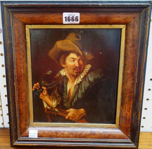 After Murillo, Drinking musician, oil on panel, 21.5cm x 19cm.