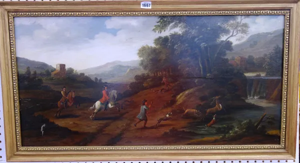 Follower of Jan Wyck, The Stag hunt, oil on panel, 40cm x 82cm.