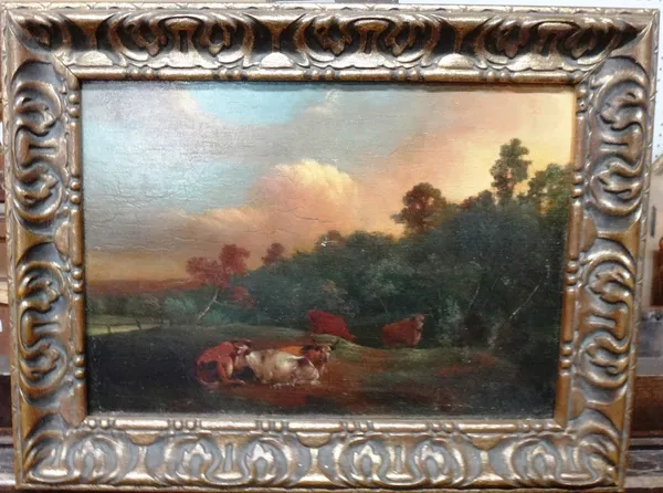 Manner of Aelbert Cuyp, Cattle resting in a landscape, oil on panel, 18.5cm x 26cm.