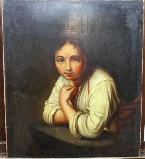 After Rembrandt, Girl at a window, oil on canvas, unframed, 70cm x 59cm.