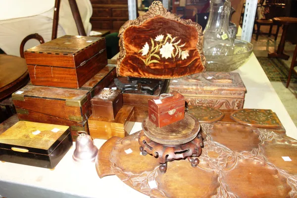 Collectables, comprising; 19th century and later, wooden boxes, a book slide, musical boxes and sundry, (qty).  S3M