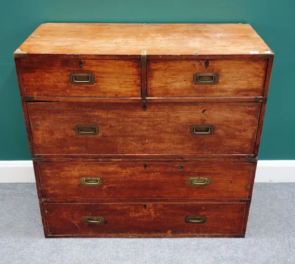 A Victorian teak two part campaign chest of two short and three long graduated drawers, 99cm wide x 94cm high x 46cm deep.