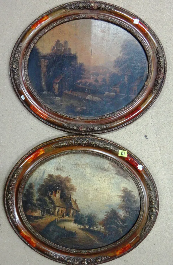 Continental school (Late 19th century) Landscapes, a pair, one oil on canvas, one oil on canvas laid on board, oval, each 37cm x 44cm, (2).   B11