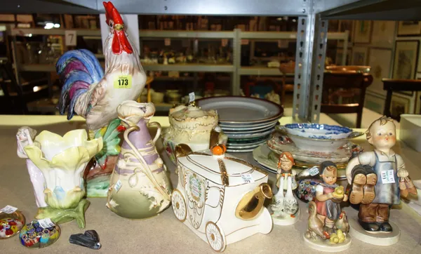 Ceramics, including; Hummel type figures, a Continental vase, a ceramic figure of a cockerel, a Royal Devon teapot, paperweights and a selection of pl