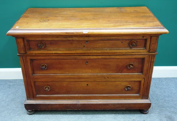 A late 18th century French walnut three drawer commode on bun feet, 121cm wide x 85cm high x 59cm deep