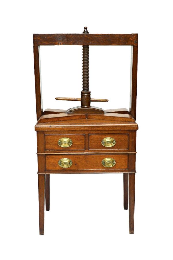 A George III mahogany and oak press cabinet, the book/linen press top over two short and one long drawer, on square tapering supports, 66cm wide x 41c