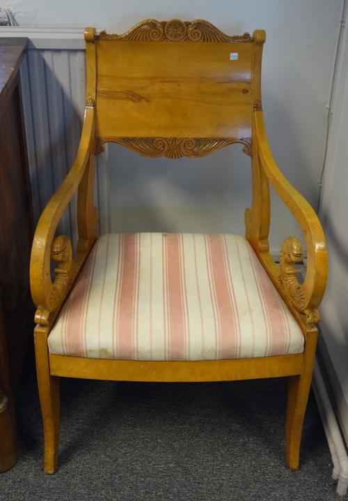 A pair of early 20th century North European satin birch open armchairs, on sabre supports, 60cm wide x 93cm high x 48cm deep, together with a similar