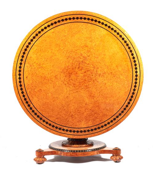 Taprell Holland & Son London; an early Victorian ebony banded amboyna circular snap-top centre table, on reeded baluster column, circular platform and