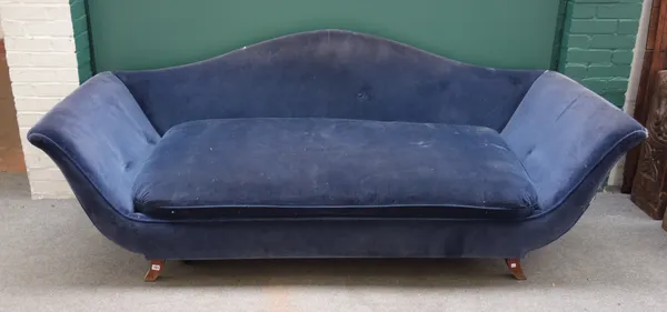 A 20th century blue upholstered sofa of shaped outline on splayed supports, 243cm wide x 93cm high x 96cm deep.