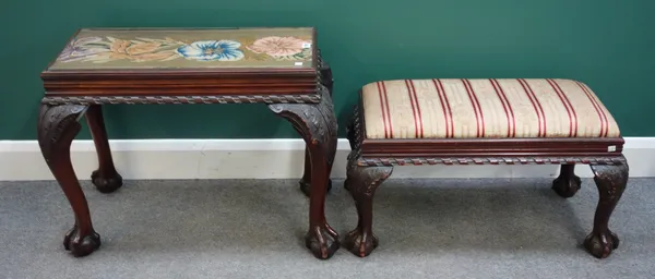 A mid-18th century style mahogany rectangular stool on claw and ball feet, 85cm wide x 60cm high x 45cm deep, together with a similar smaller.