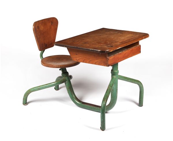 An early 20th century French oak and green painted metal one piece childs desk and chair, 63cm wide x 63cm high.  Illustrated