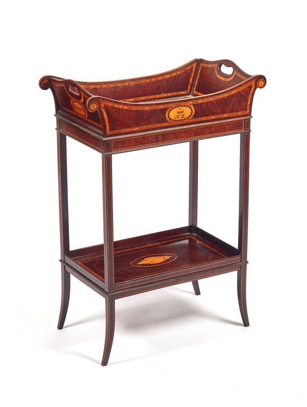Royal interest; an Edwardian mahogany satinwood and crossbanded inlaid tray top table, made in the Sandringham workshop, 54cm wide x 75cm high x 28cm