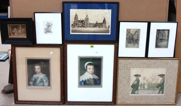 A group of assorted prints, engravings and etchings, including a pair of colour mezzotints of Prince Charles and Princess Mary Stuart, an etching of C