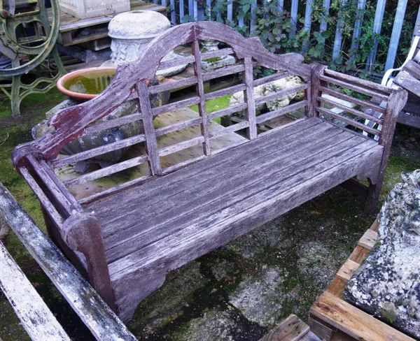 Lutyens; a hardwood garden bench, 160cm wide x 98cm high x 52cm deep.