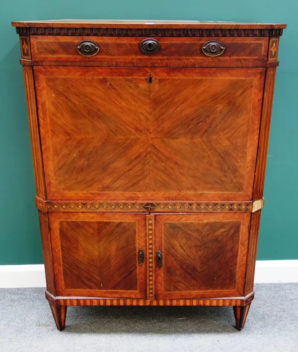 A 19th century Continental inlaid walnut secretaire a abbatant, with one long drawer, over fall front enclosing fitted interior above a pair of lower