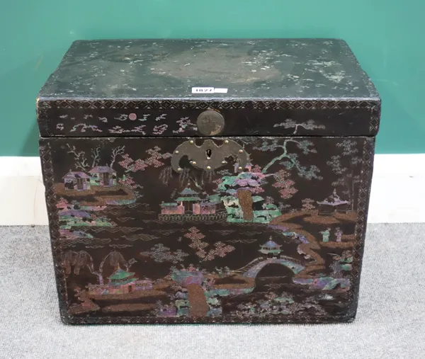 A 19th century Chinese mother-of-pearl inlaid black lacquer chinoiserie decorated rectangular lift top box, 48cm wide x 39cm high x 32cm deep.