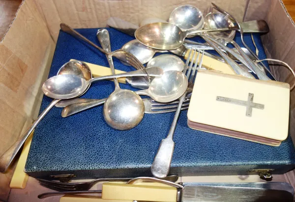 Silver plated items of mixed flatware and an ivorine bound Common Prayer book with silver cross decoration.  S3T