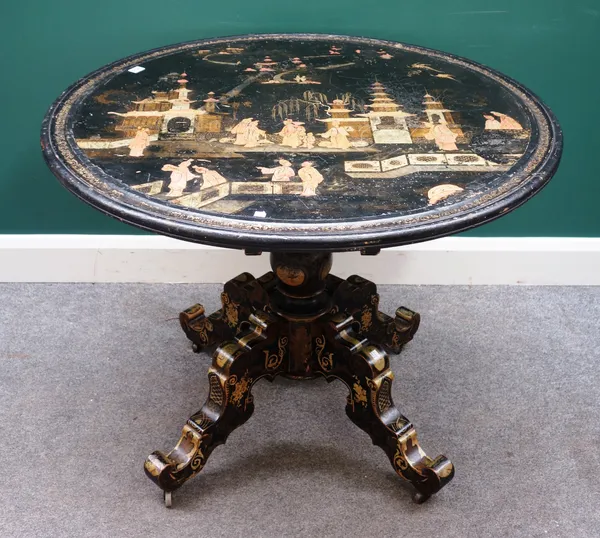 A late 19th century black lacquer chinoiserie decorated circular snap-top occasional table, on turned column and four downswept supports, 101cm diamet