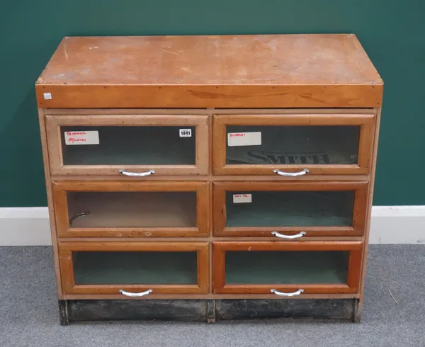 A 20th century beech six drawer haberdashery cabinet, 90cm wide x 76cm high x 46cm deep.