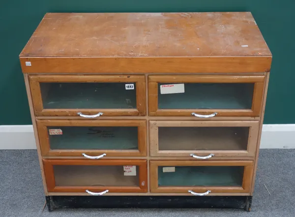 A 20th century beech six drawer haberdashery cabinet, 90cm wide x 76cm high x 46cm deep.