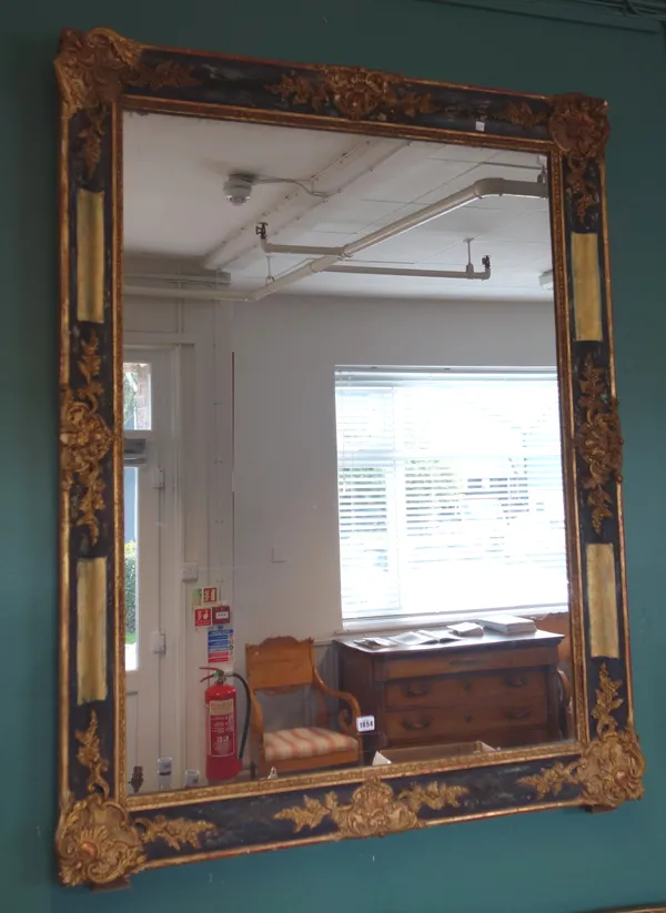 A 19th century French gilt framed and blue painted rectangular wall mirror, with floral moulded decoration, 111cm wide x 143cm high.