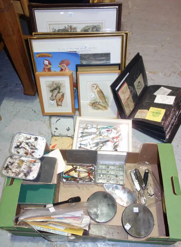 Fishing collectables, including tackle, spinner flies, threads, sundry books, hunting related prints and a folio of vintage tackle packaging.  S3M