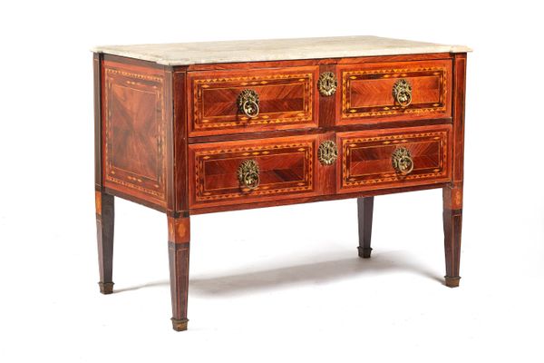 A late 18th century Italian parquetry inlaid rosewood and walnut commode, the shaped marble top with outstepped square corners over pair of frieze dra