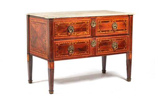 A late 18th century Italian parquetry inlaid rosewood and walnut commode, the shaped marble top with outstepped square corners over pair of frieze dra