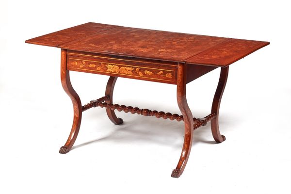 An early 19th century Dutch marquetry inlaid walnut sofa table, with single frieze drawer on sabre supports, 87cm wide 134cm wide open x 71cm high x 8