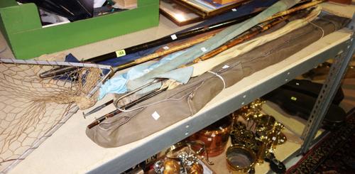 Fishing reels and rods, early 20th century and later, spilt canes, rods and a net.  S3M