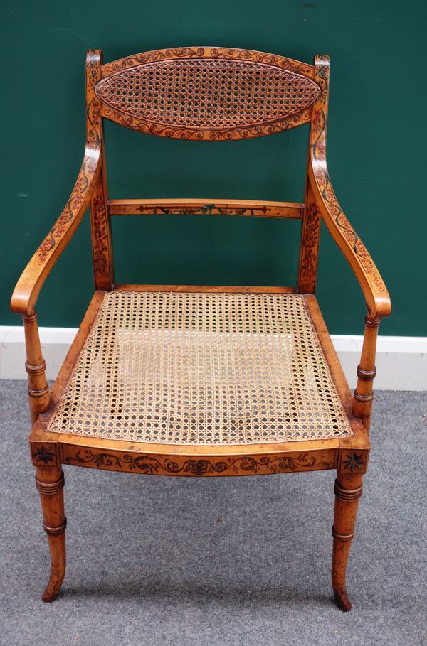 An Edwardian polychrome painted satinwood open armchair, with cane back and seat, on turned supports, 55cm wide x 83cm high x 54cm deep.