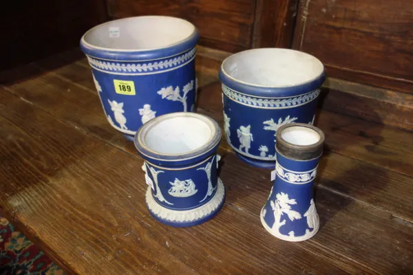 Three Blue Jasper Wedgwood pots and a silver rimmed posy vase.  S3T