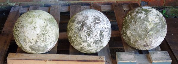 A set of three weathered reconstituted stone spheres, each 30cm diameter.