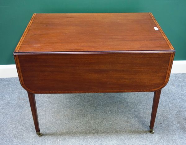 A George III inlaid mahogany Pembroke table, with fitted interior, on tapering square supports, 93cm deep x 75cm high x 62cm wide, 118cm wide opened.