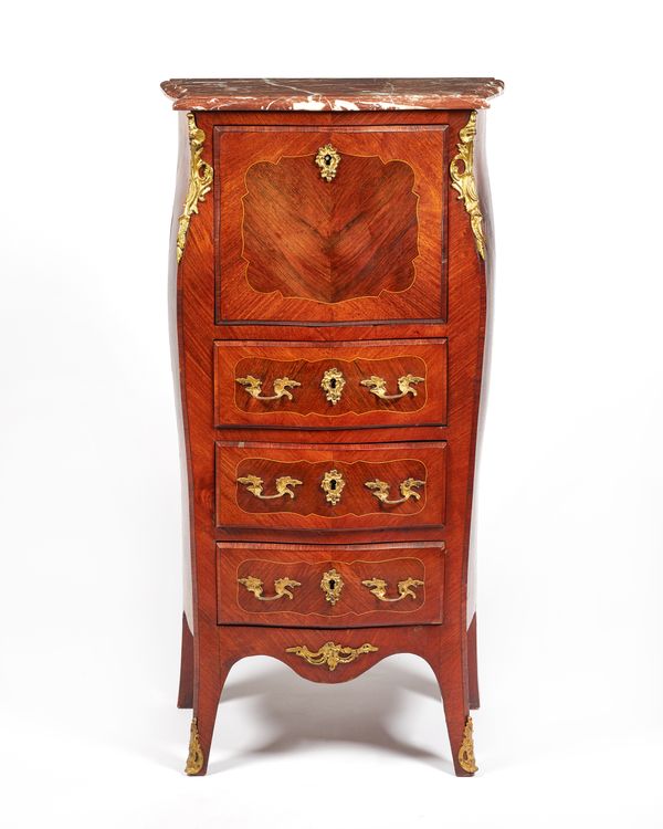 A small French late 19th century gilt metal mounted secretaire a abbatant, the serpentine marble over fall front and three drawers, 53cm wide x 101cm