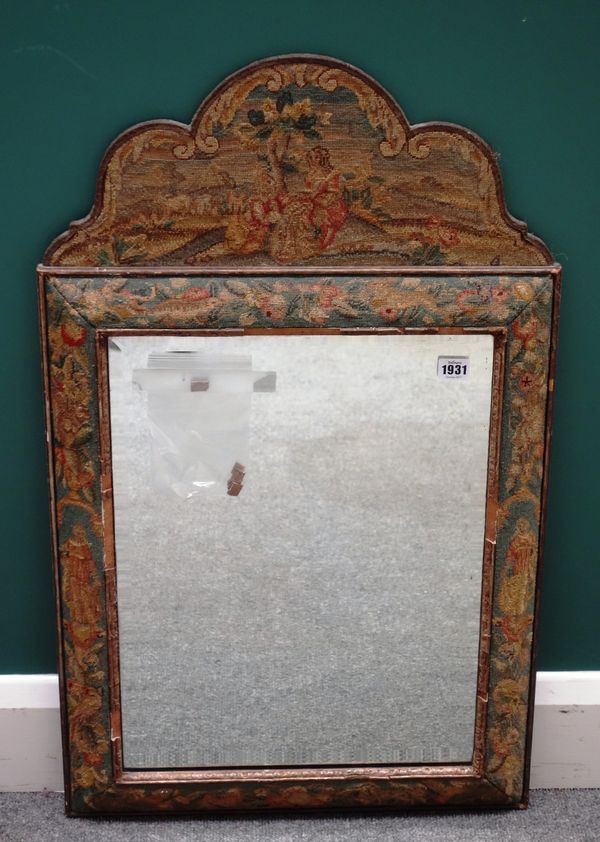 A Charles II style arch top wall mirror, circa 1900, the cushion frame with tapestry veneer, 51cm wide x 84cm high.