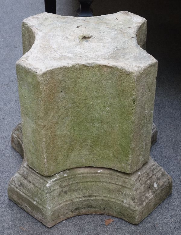 From The Palace of Westminster, a pair of lozenge shaped carved sandstone pedestals, on separate stepped bases, 55cm wide x 55cm high.