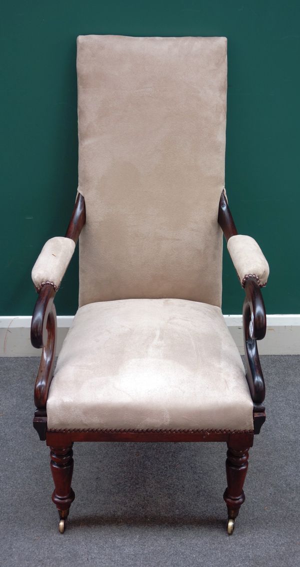 An early Victorian rosewood open armchair, on turned supports, 52cm wide x 102cm high x 66cm deep.