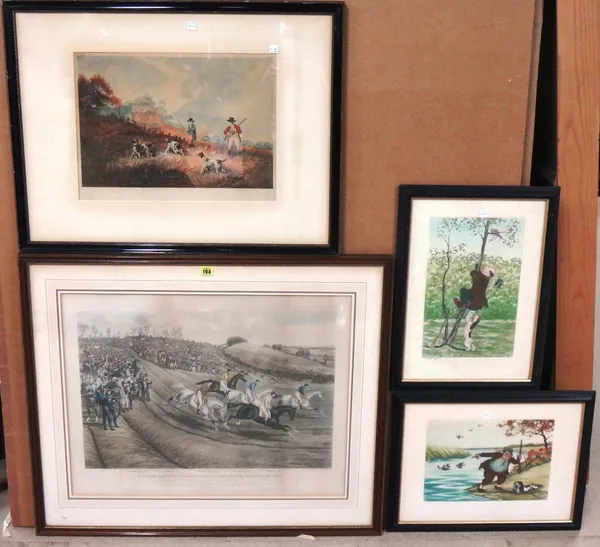 A group of four assorted prints and engravings, including Northampton Grand National steeplechase after Charles Hunt, Partridge shooting after Samuel