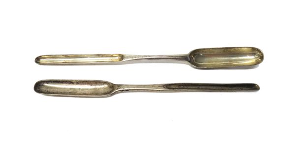 A George III silver marrow scoop, London, 1777, makers mark for William Cattell, together with another silver marrow scoop, the marks rubbed, combined