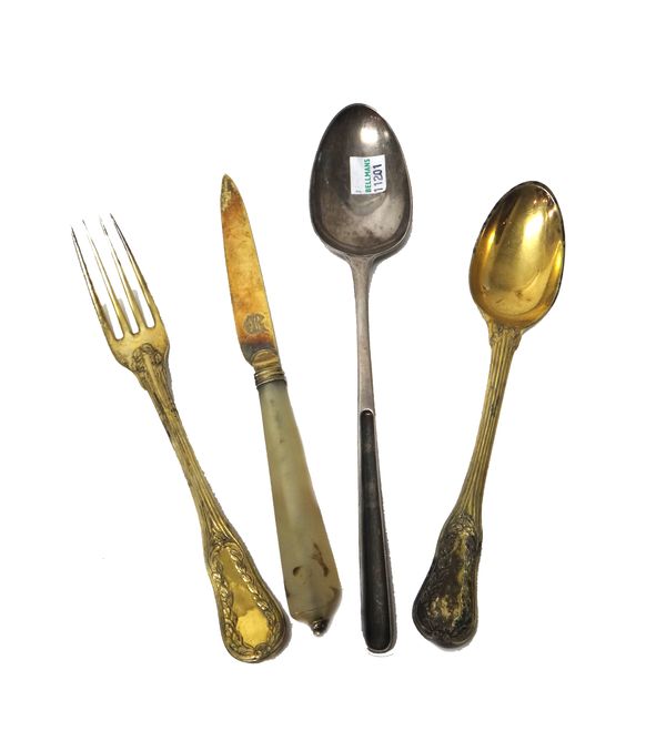 A 18th century silver fancy back spoon cum marrow scoop, marks indistinct and a silver gilt three piece cutlery set, the knife having an  agate handle