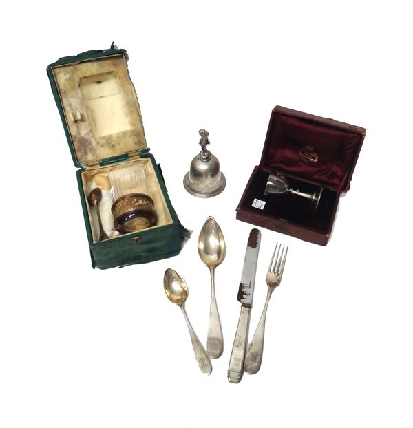 European wares, comprising; a silver mounted and glass condiment jar and spoon, probably French,cased, a egg cup, the stem decorated with a coiled sna