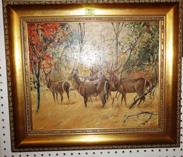 Heinrich J von Michaelis (1912-1990), Antelope in a landscape, oil on board, signed, 34cm x 42cm.  K1