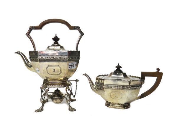 A silver part tea set, comprising; a spirit kettle with a stand and a spirit burner, with a teapot in a similar design, each piece of tapered octagona