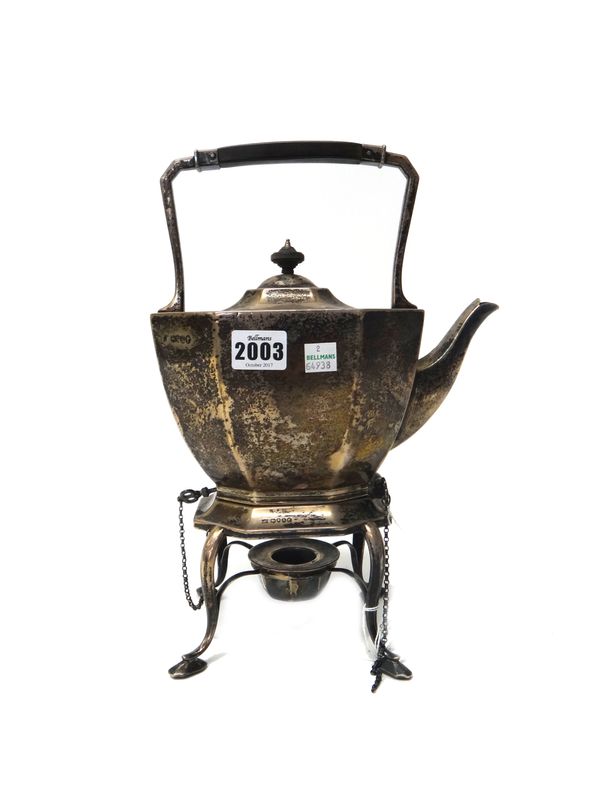 A Victorian silver spirit kettle and stand, of tapered octagonal form, fitted with a wooden handle and with a spirit burner, fitted to the stand, Lond