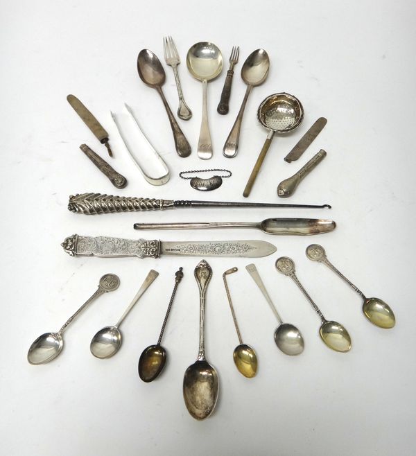 Mostly silver and silver mounted wares, comprising; a marrow scoop, London probably 1784, a large button hook, a Victorian paper knife, with floral en