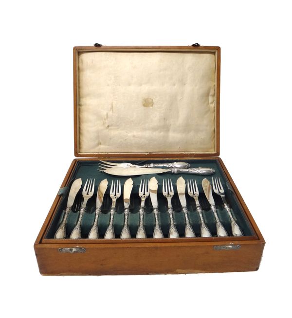 A German set of fish cutlery, comprising; twelve pairs of fish knives and forks and a pair of fish servers, in an Art Nouveau inspired design, the loa